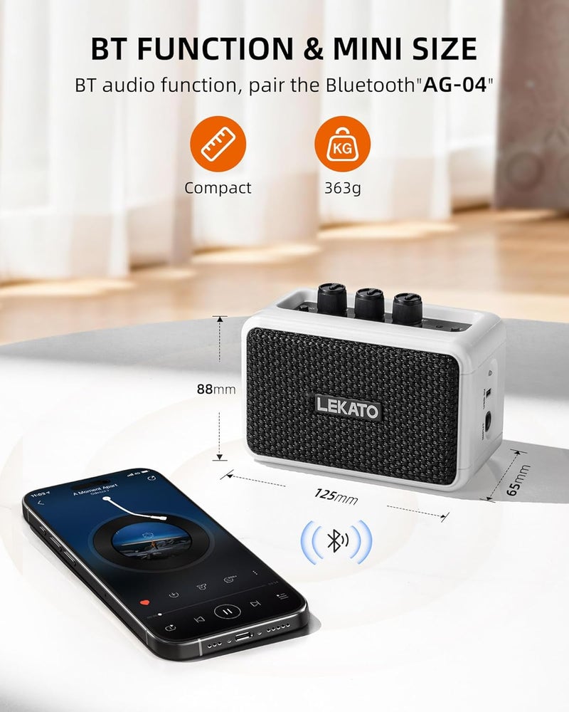 LEKATO Mini Guitar Amplifier AG-04, Dual Speakers 5W, Rechargeable Electric Guitar Amp Bluetooth with Clean Overdrive, 6H Working, Headphone Jack, Wireless Portable Small Amp for Practice (White) - Image 4